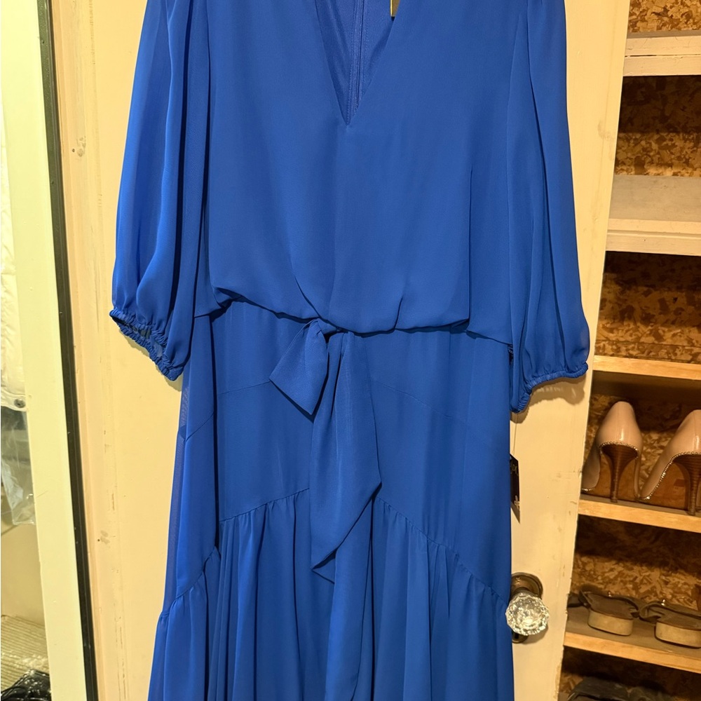 Taylor Blue Wrap Sundress with Bishop Sleeves